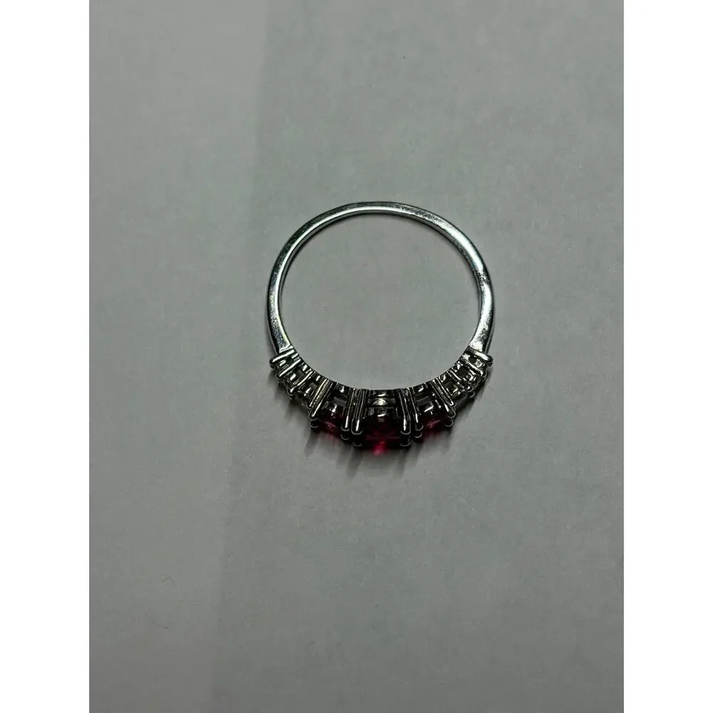 Bomb Party July Birthday Ring 3 Stone Lab Created Ruby on Silver Tone Size 11